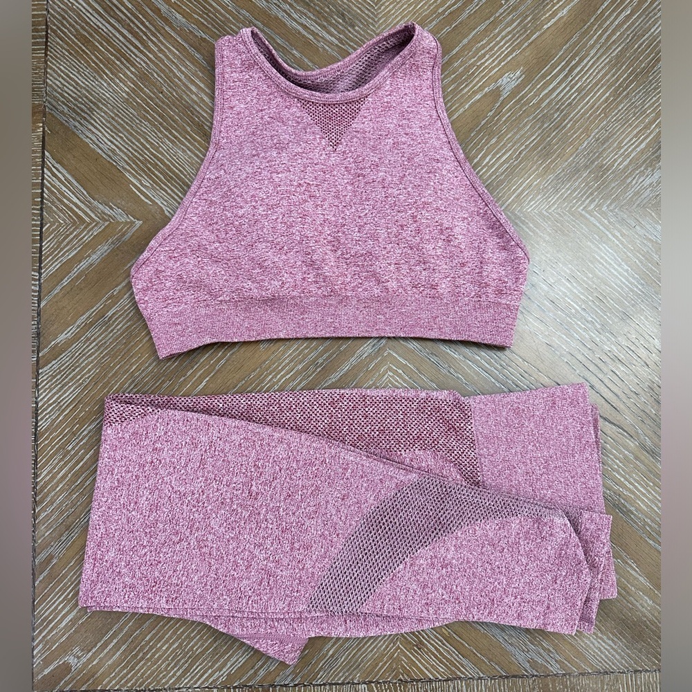 SHEIN Pink Two Piece Workout Set High Neck Mesh Cut Out Sports‎ Bra Leggings L
